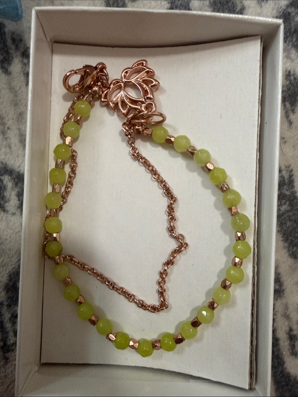 Rose Gold Lotus Charm Bracelet with Lime Green Beads